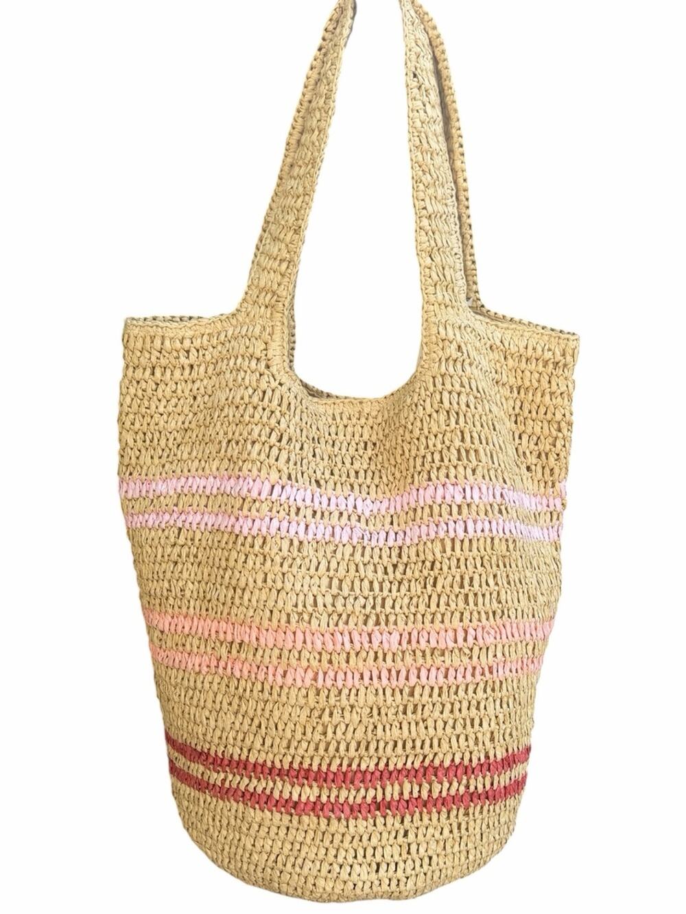 NWT Oversized Straw Beach Tote Pink Stripe Coastal Grandma Resort Bag